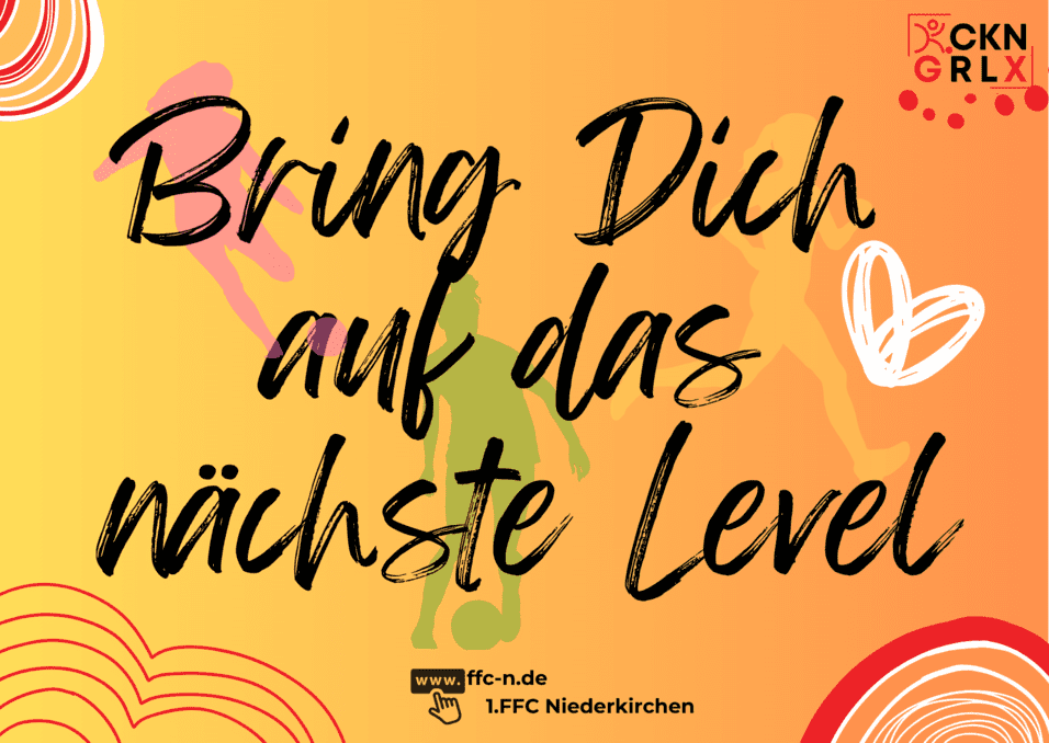 Bunte Grafik mit dem Text &bdquo;Bring Dich auf das n&auml;chste Level&ldquo; und Silhouetten von tanzenden Personen.