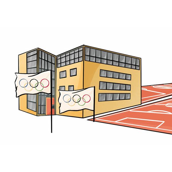 Moderne Geb&auml;ude mit gro&szlig;en Fenstern und Olympiagel&auml;ndern vor einem Sportplatz mit rotem Belag.