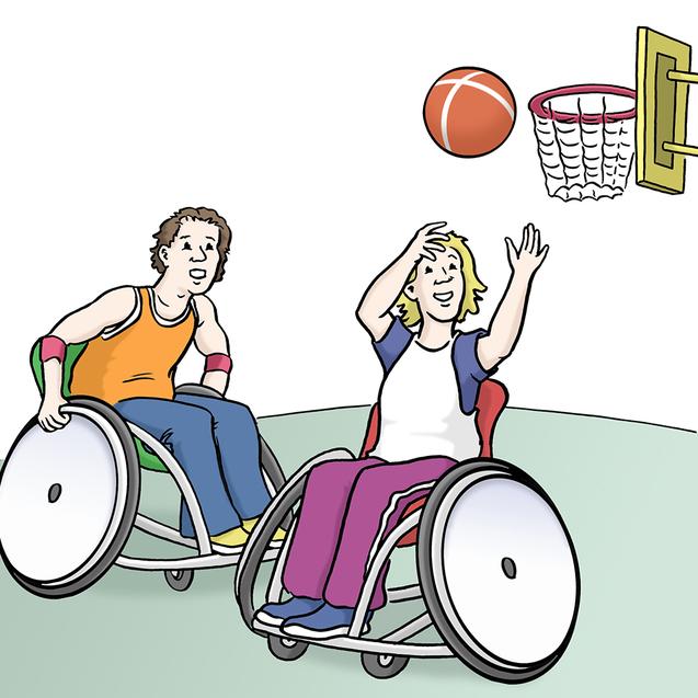 Zwei Personen im Rollstuhl spielen Basketball und werfen einen Ball zum Korb.