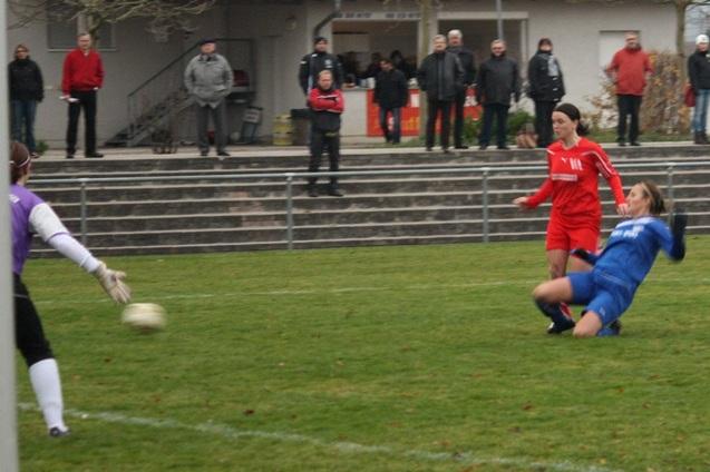 Zwei Fu&szlig;ballspielerinnen im Wettkampf, eine in blauer und eine in roter Uniform, w&auml;hrend ein Torwart den Ball blockiert.