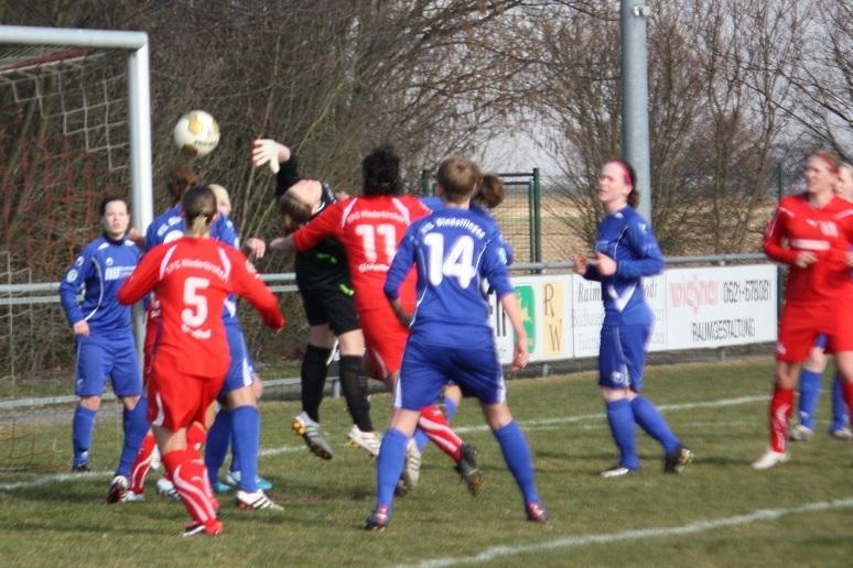 Fußballspiel: Torwart springt nach dem Ball, Spielerinnen in roten und blauen Trikots stehen um den Strafraum herum.