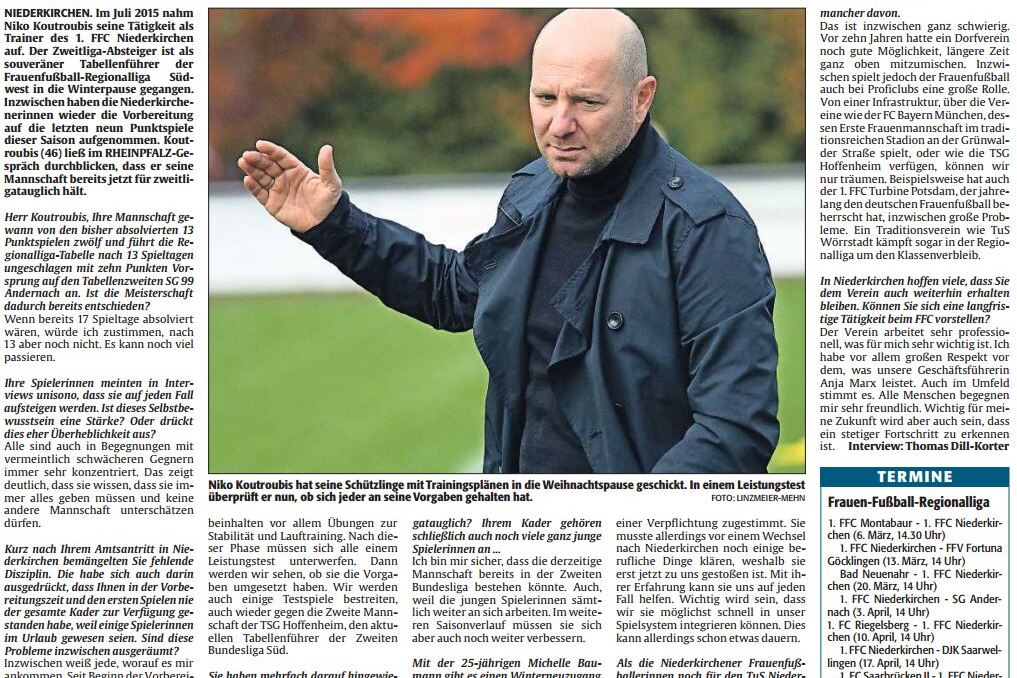 Interview mit Trainer Niko Koutouroubis &uuml;ber die ungeschlagene Frauenfu&szlig;ballmannschaft der Regionalliga.