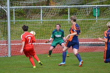 Spielszene im Frauenfu&szlig;ball: Spielerin in rotem Trikot l&auml;uft auf das Tor zu, Torwart in gr&uuml;n bereitet sich auf den Schuss vor.