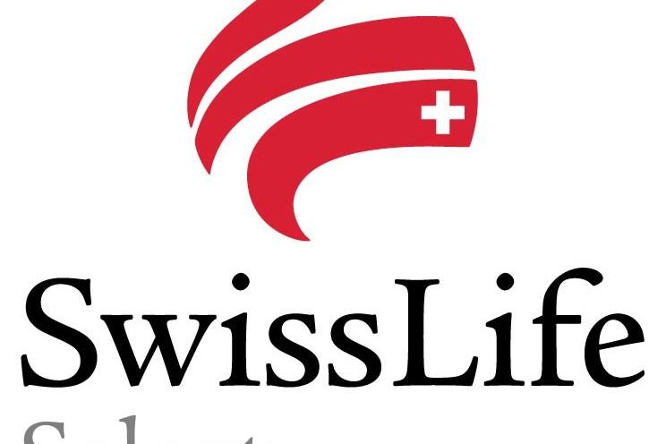 Logo von SwissLife Select mit rotem Symbol und Schriftzug auf schwarzem und grauem Hintergrund.