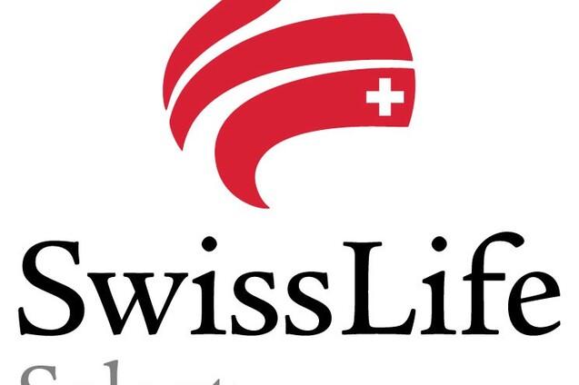 Logo von SwissLife Select mit rotem Symbol und Schriftzug auf schwarzem und grauem Hintergrund.