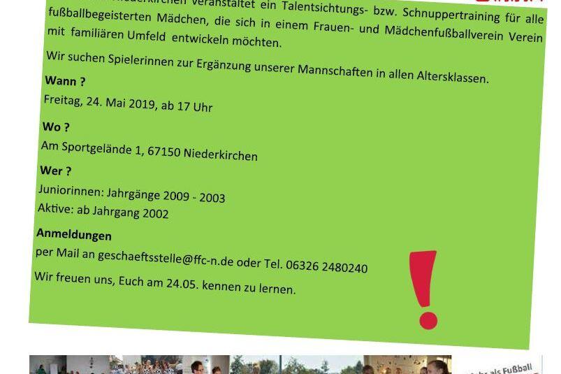 Hinweis auf Talenttraining des 1. FFC Niederkirchen f&uuml;r M&auml;dchen, incl. Datum, Ort und Kontaktinformationen.