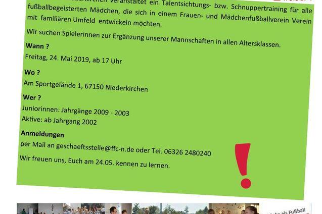 Hinweis auf Talenttraining des 1. FFC Niederkirchen f&uuml;r M&auml;dchen, incl. Datum, Ort und Kontaktinformationen.