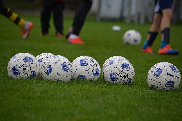 Sechs Fu&szlig;ball mit wei&szlig;en und blauen Mustern auf gr&uuml;nem Rasen, w&auml;hrend Spieler im Hintergrund trainieren.