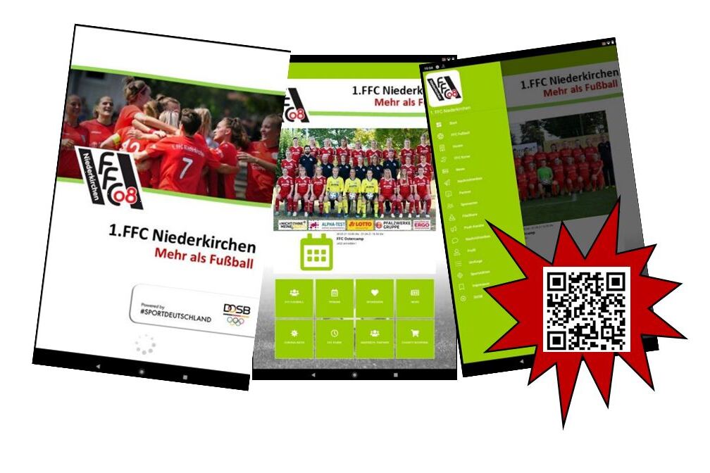 Screenshot einer App des 1. FFC Niederkirchen mit Teamfotos und QR-Code. Titel: &bdquo;Mehr als Fu&szlig;ball&ldquo;.