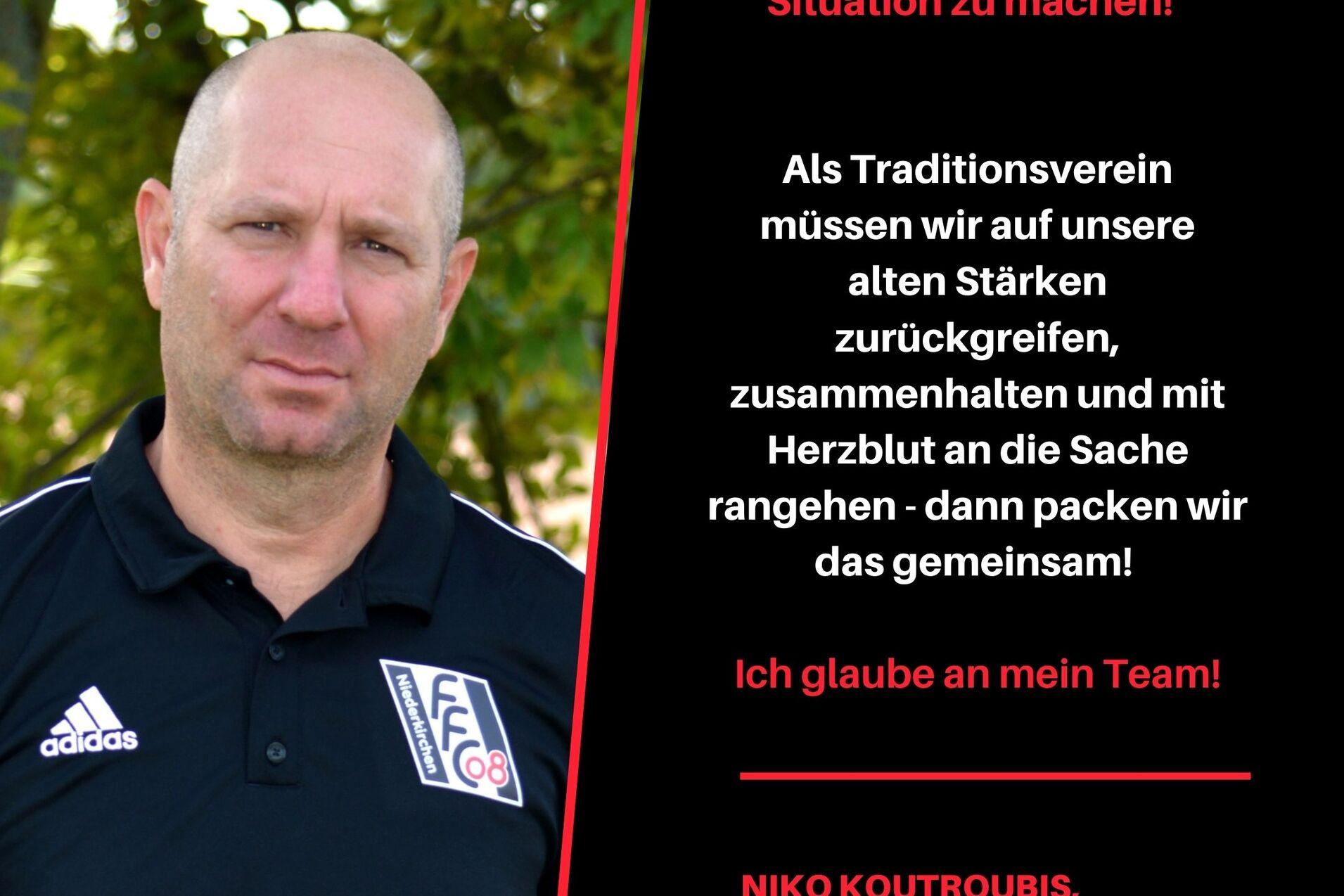 Portrait eines Mannes mit kurzem Haar, in sportlicher Bekleidung, darunter ein Zitat über Teamarbeit und Tradition.