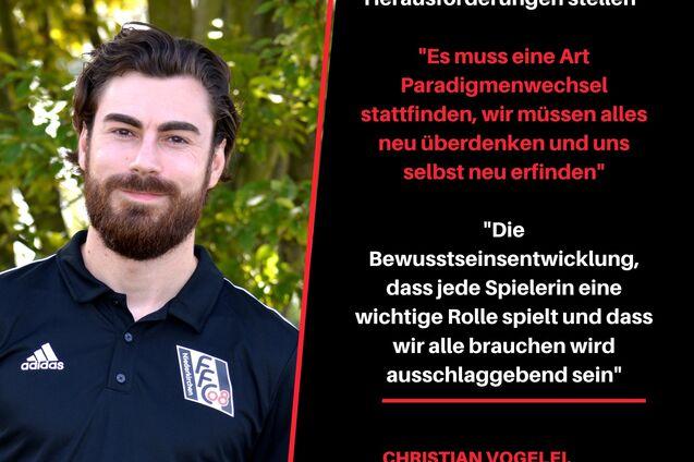 Portr&auml;t eines Mannes mit Bart, l&auml;chelnd, im Sportoutfit, umgeben von gr&uuml;ner Natur, begleitet von Zitaten zum Fu&szlig;balltraining.