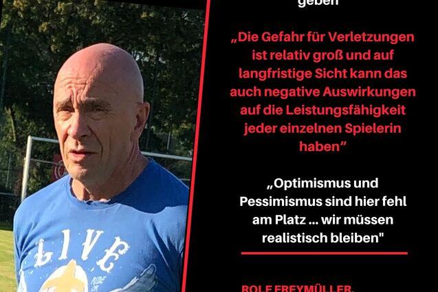 Portr&auml;t eines Mannes mit Glatze und blauem T-Shirt, zitiert als Athletiktrainer des 1. FFC Niederkirchen.