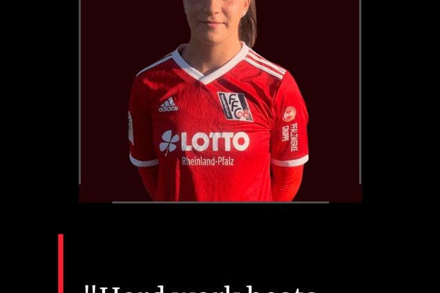 Portr&auml;t einer Spielerin im roten Trikot des 1. FFC Niederkirchen, mit einem Zitat und ihrem Namen darunter.