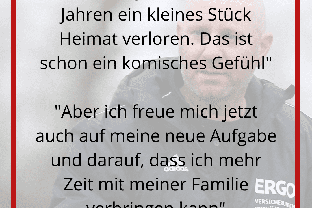 Zitat von Niko Koutroubi über sein Abschied beim 1. FFC Niederkirchen, mit einem unscharfen Bild im Hintergrund.