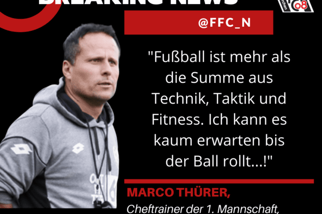 Trainer Marco Th&uuml;rer spricht &uuml;ber Fu&szlig;ball und seine Erwartungen, begleitet von einem Zitat auf schwarzem Hintergrund.