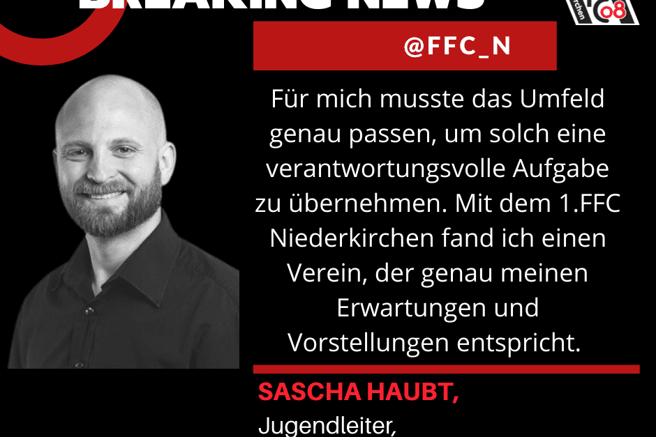 Porträt eines Mannes mit kurzem Bart und Krawatte, neben Text über seine neue Rolle beim 1. FFC Niederkirchen.