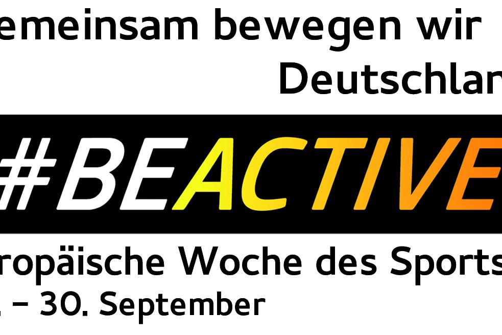 Plakat zur Europäischen Woche des Sports mit dem Slogan „#BEACTIVE“ und den Daten 23.–30. September, in schwarz-weißer Schrift.