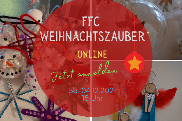 Bunte Weihnachtsdekorationen und Bastelmaterialien mit Eventdetails auf rotem Hintergrund.