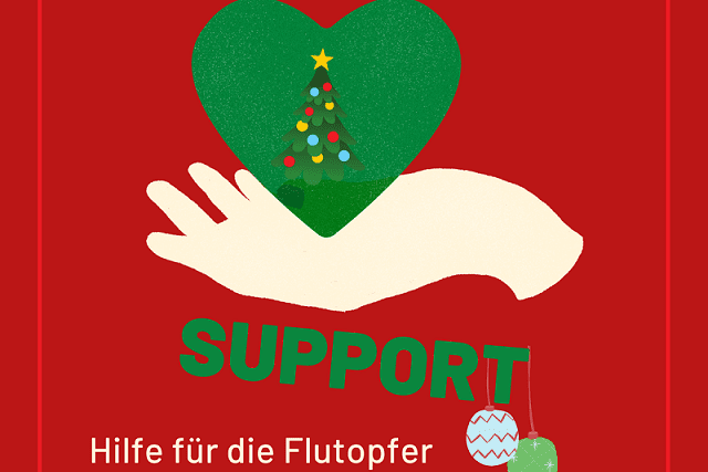 Hand mit gr&uuml;nem Herz und Weihnachtsbaum, Text &bdquo;SUPPORT&ldquo;, Spendenaufruf f&uuml;r Flutopfer im Ahrtal auf rotem Hintergrund.