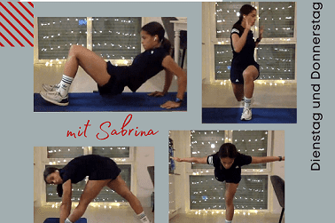 Collage aus vier Bildern einer Frau beim Online-Athletiktraining, mit &Uuml;bungen in verschiedenen Positionen vor einer beleuchteten Wand.