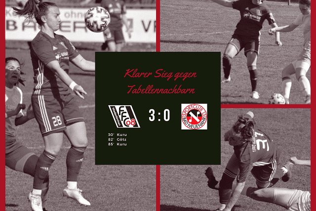Frauenfu&szlig;ballspiel: Spielerin 28 kickt den Ball, Ergebnis 3:0 gegen den Sportclub Neuenhaus, mit Torsch&uuml;tzen aufgelistet.