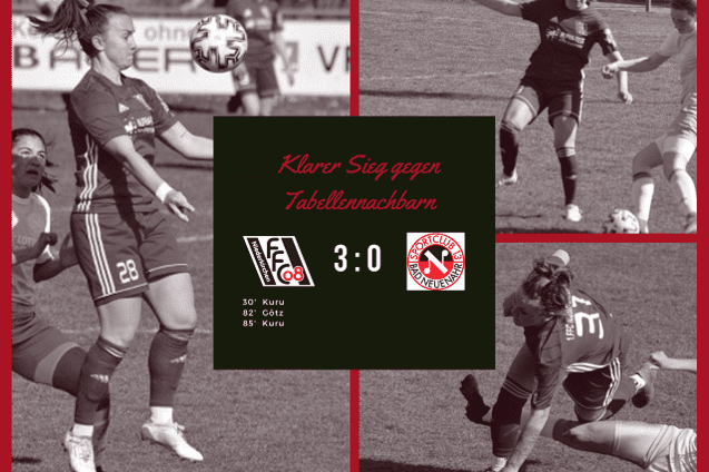 Frauenfu&szlig;ballspiel: Spielerin 28 kickt den Ball, Ergebnis 3:0 gegen den Sportclub Neuenhaus, mit Torsch&uuml;tzen aufgelistet.