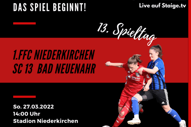 Zwei fu&szlig;ballspielende Frauen im Wettkampf auf dem Feld, Werbung f&uuml;r ein Spiel zwischen 1. FFC Niederkirchen und SC 13 Bad Neuenahr.