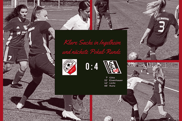 Spielfeldszenen eines Fu&szlig;ballspiels mit Spielerinnen in roten und wei&szlig;en Trikots; Endstand 0:4.