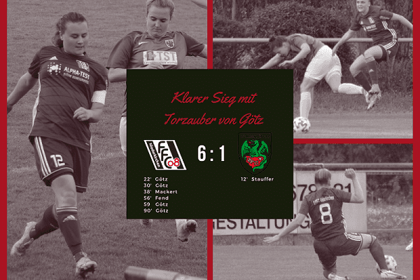 Collage aus einem Fu&szlig;ballspiel mit Spielern des FC 08, Endstand 6:1, Torsch&uuml;tzenliste im Bildzentrum.