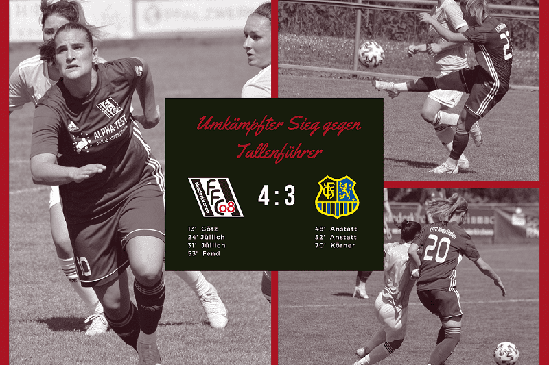 Fu&szlig;ballspiel mit Spielern in rot und wei&szlig;, Endstand 4:3, wichtige Spielz&uuml;ge, Informationen zu den Torsch&uuml;tzen.