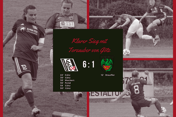 Collage aus einem Fu&szlig;ballspiel mit Spielern des FC 08, Endstand 6:1, Torsch&uuml;tzenliste im Bildzentrum.