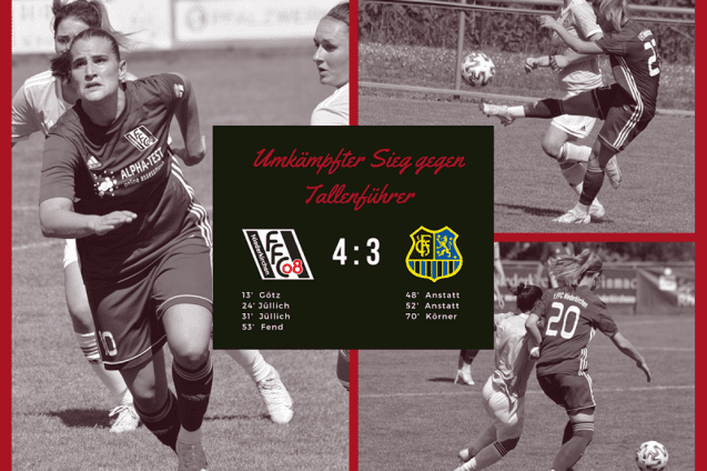 Fu&szlig;ballspiel mit Spielern in rot und wei&szlig;, Endstand 4:3, wichtige Spielz&uuml;ge, Informationen zu den Torsch&uuml;tzen.