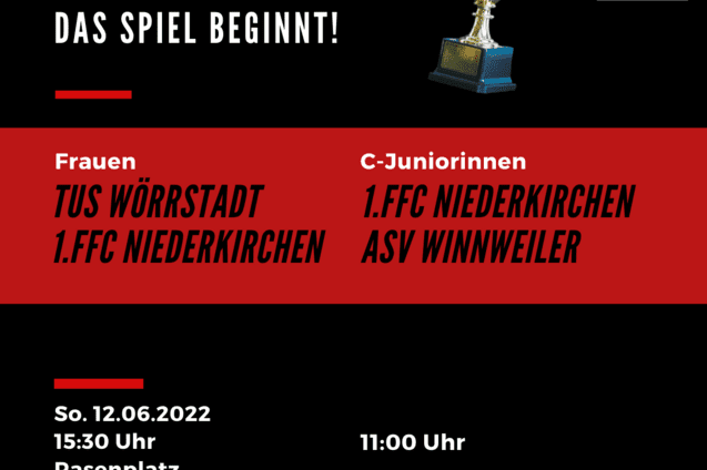 Plakat f&uuml;r SWFV Verbandspokal-Endspiele mit Terminen, Teams und einem Pokal in goldener Farbe.
