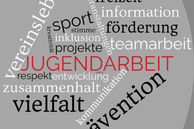 Wortwolke mit Schlagw&ouml;rtern zur Jugend- und Vereinsarbeit, zentral steht &bdquo;JUGENDARBEIT&ldquo; in roter Schrift.