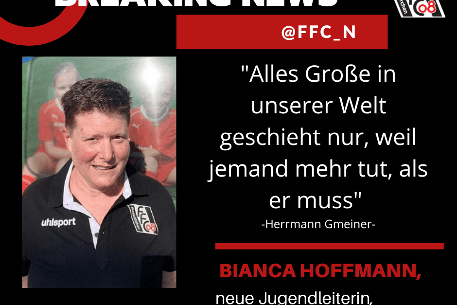 Bild mit Bianca Hoffmann, neue Jugendleiterin des 1. FFC Niederkirchen, zitiert Herrmann Gmeiner im Hintergrund.