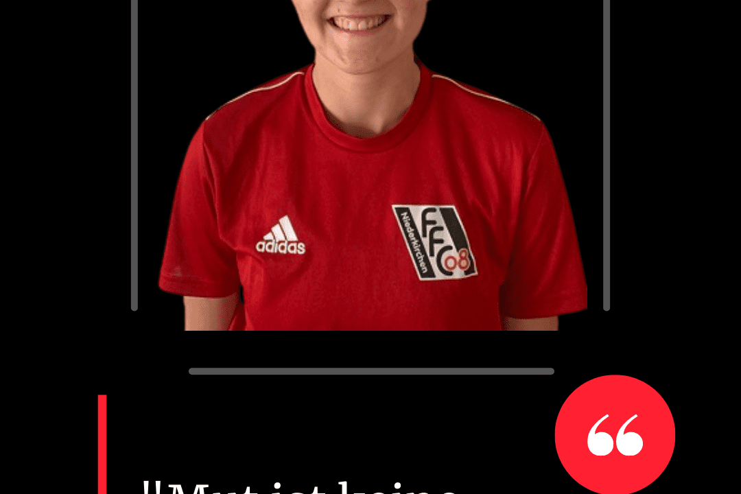 Porträtfoto von Frederik Laven in rotem Trikot des 1. FFC Niederkirchen mit Zitat über Mut.