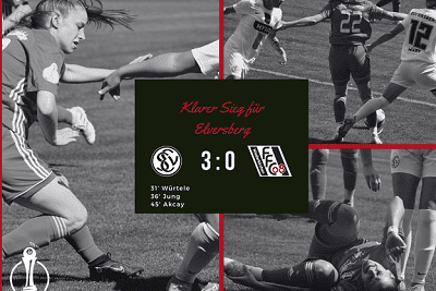 Zusammenschnitt von Fu&szlig;ballspielerinnen im Spiel, Ergebnis: Elversberg 3, Gegner 0, mit Spielern in Aktion und Trefferank&uuml;ndigungen.