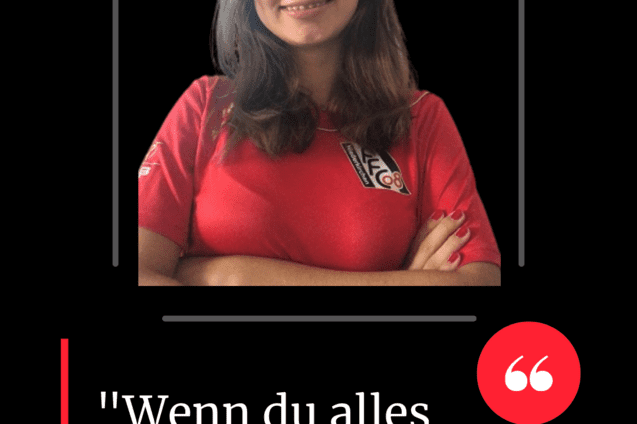 Portr&auml;t von Hannah Marx, neuer Spielerin beim 1. FFC Niederkirchen, in rotem Trikot mit motivierendem Zitat.