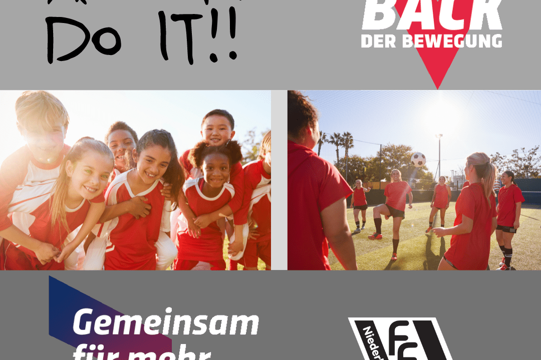 Collage mit sportlichen Kindern in rot, Slogan "WE CAN DO IT!!" und Logo "COME BACK DER BEWEGUNG".