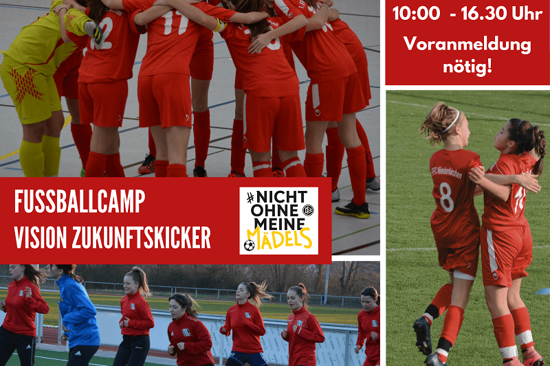 M&auml;dchenfu&szlig;ballmannschaft in roten Trikots beim Training, umgeben von Informationen zum Fu&szlig;ballcamp.