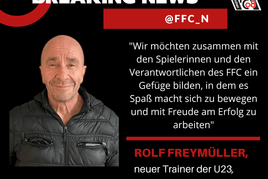 Portr&auml;t von Rolf Freym&uuml;ller, neuem Trainer der U23 des 1. FFC Niederkirchen, begleitet von einer Ank&uuml;ndigung.
