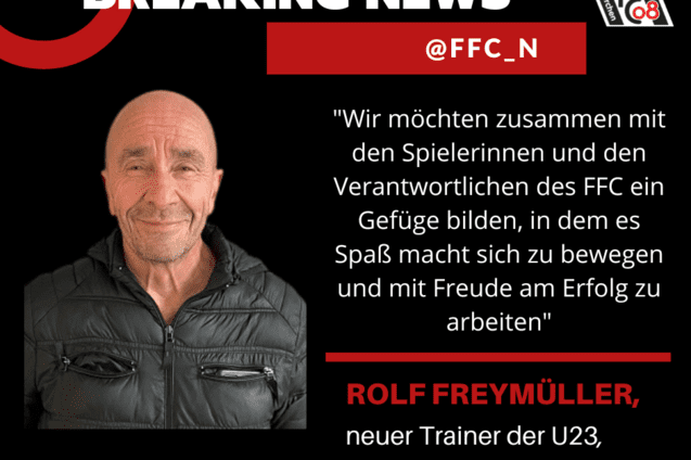 Portr&auml;t von Rolf Freym&uuml;ller, neuem Trainer der U23 des 1. FFC Niederkirchen, begleitet von einer Ank&uuml;ndigung.