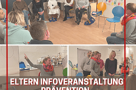 Elterninfoveranstaltung zur Prävention sexualisierter Gewalt mit Teilnehmern in einem hellen Raum, Stühlen und Präsentation.
