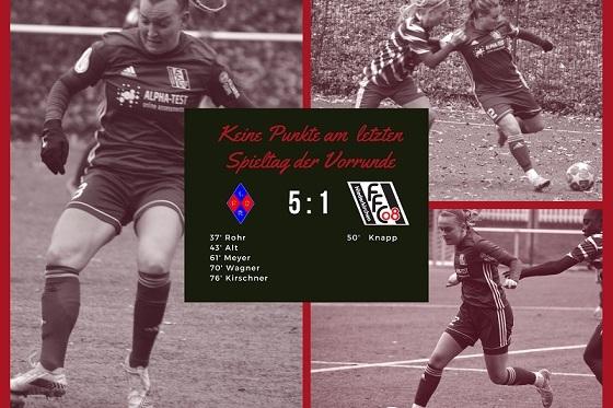 Spielszene eines Fu&szlig;ballspiels mit Spielerinnen, Punktestand 5:1, und Torsch&uuml;tzen auf einem roten Hintergrund.