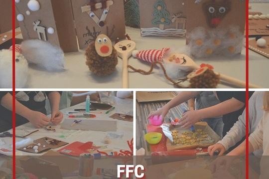 Bastelarbeiten f&uuml;r Weihnachten: Geschenkt&uuml;ten und Dekorationen liegen auf einem Tisch, w&auml;hrend Kinder kreativ t&auml;tig sind.