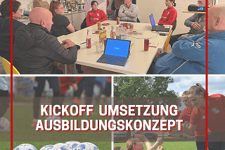 Kick-off-Meeting zur Umsetzung eines Ausbildungskonzepts im Sport, mit Teilnehmern und Fu&szlig;ballequipment auf einem Tisch.