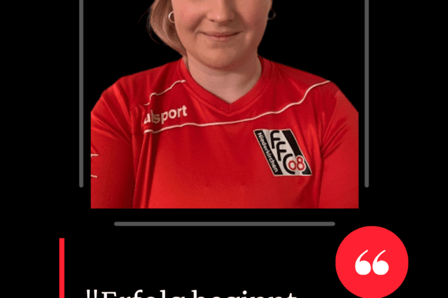 Portr&auml;t von Lina Stoye in rotem Trikot des 1. FFC Niederkirchen, mit einem inspirierenden Zitat &uuml;ber Erfolg.