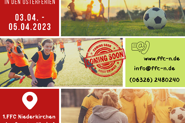 Banner f&uuml;r ein Fu&szlig;ballcamp mit Spielszene, Kontaktdaten und Veranstaltungsdetails, 03.-05.04.2023 in Niederkirchen.