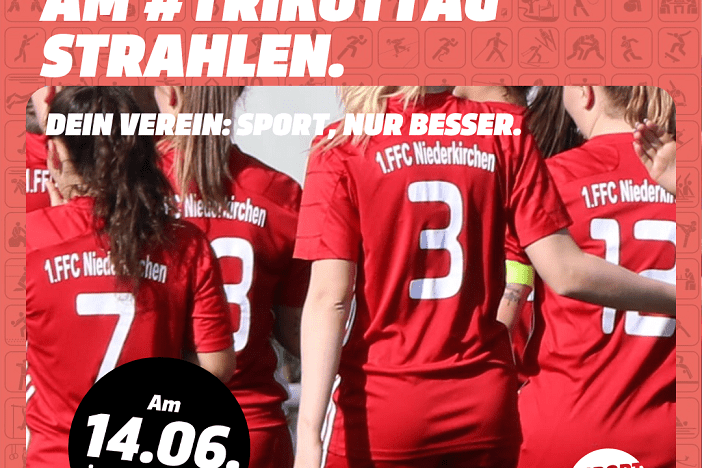 R&uuml;ckansicht von Fu&szlig;ballspielerinnen in roten Trikots mit der Aufschrift &bdquo;1. FFC Niederkirchen&ldquo; und dem Hashtag #Trikottag.