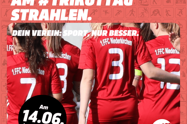 R&uuml;ckansicht von Fu&szlig;ballspielerinnen in roten Trikots mit der Aufschrift &bdquo;1. FFC Niederkirchen&ldquo; und dem Hashtag #Trikottag.